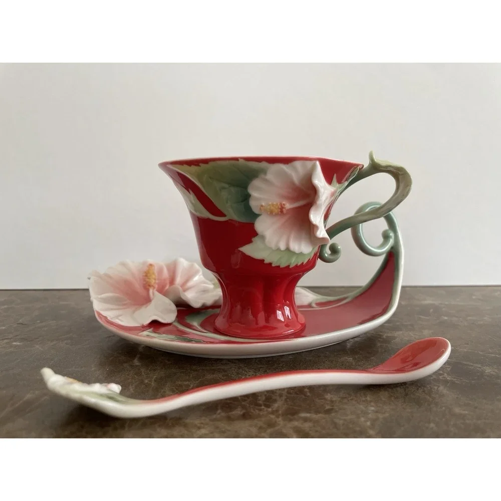 FRANZ Collection Island Beauty Hibiscus‎ Cup Saucer Set w Spoon FZ00978